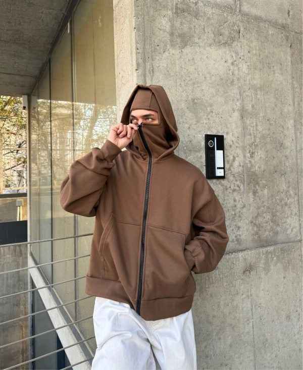 Double-layer Masked Hooded Loose Zip Men&