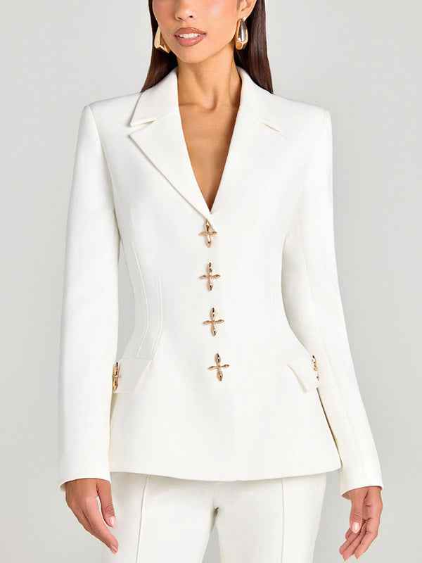 White Blazer and Trousers Suit - Stylish Single Breasted 2-Piece Set