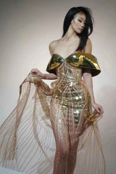 Gold Sequined Strapless Dress for Women - Tube Top Tulle Split Dress