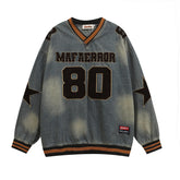 National Tide Five-pointed Star Letter Flocking Embroidered V-neck Denim Hoodie - Denim Hoodie with Star Embroidery - Florence Luxe