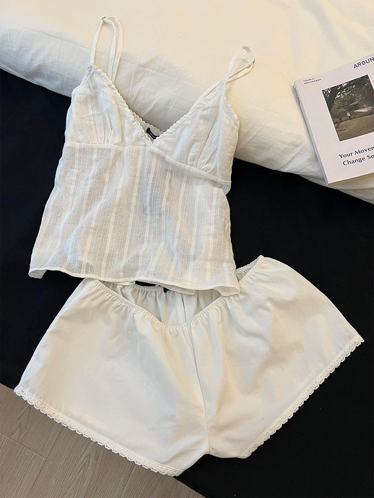Home Simple Slim Fit White Suspender Pajamas For Women.