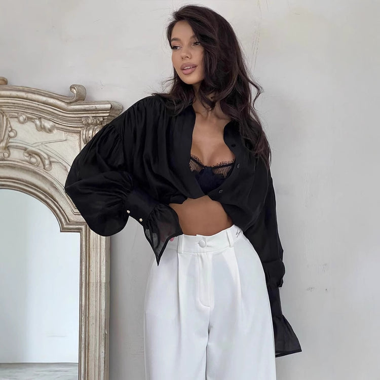 Ins French Lantern Sleeve Shirt Fashion Button Lapel Long Sleeved Tops Casual Women&