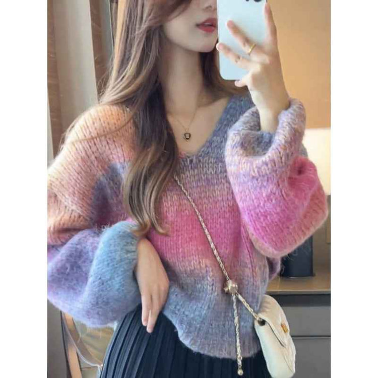 Lazy Fashion V-neck Striped Gradient Sweater for Trendy Looks with Retro High Waist Jeans