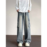 Washed Vintage Denim Wide-Leg Pants for Men with Multi-Pockets