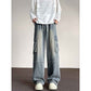 Washed Vintage Denim Wide-Leg Pants for Men with Multi-Pockets