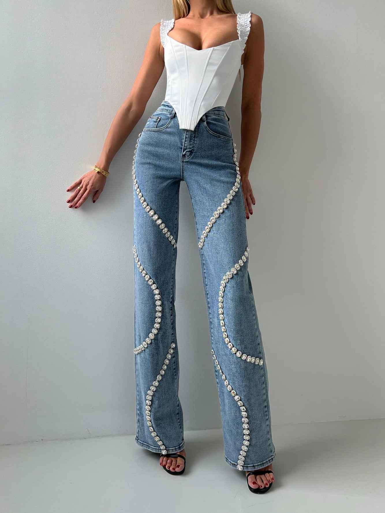Rhinestone Loose Straight Leg Jeans for Women - Fashionable Casual Pants with Stylish Denim Design