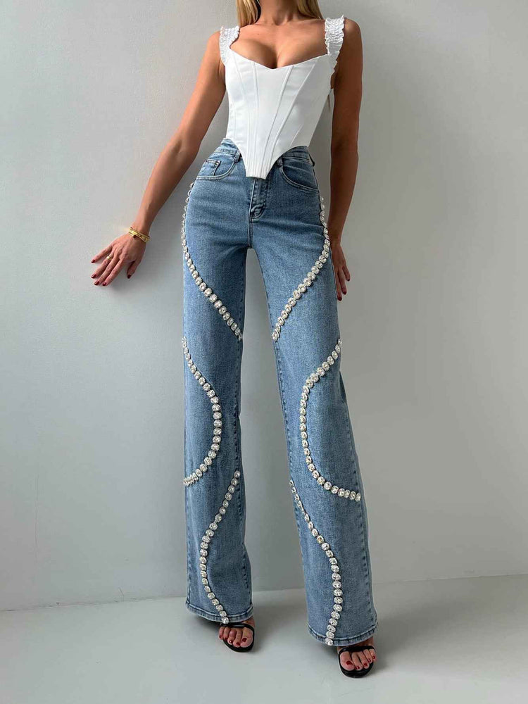 Rhinestone Loose Straight Leg Jeans for Women - Fashionable Casual Pants with Stylish Denim Design