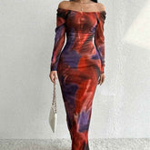 Printed Pleated Sexy Dress with Tight Fit and Split Square Collar