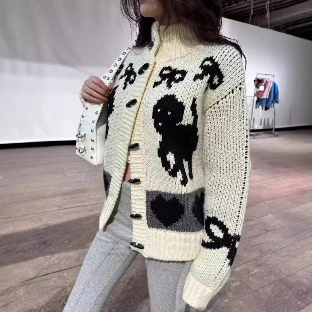 Pattern Stand Collar Knitted Coat For Women.