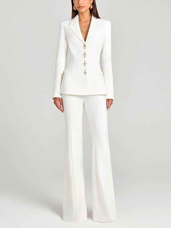 White Blazer and Trousers Suit - Stylish Single Breasted 2-Piece Set