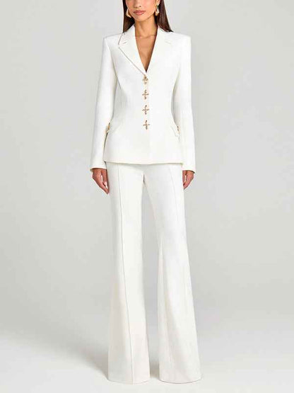 White Blazer and Trousers Suit - Stylish Single Breasted 2-Piece Set