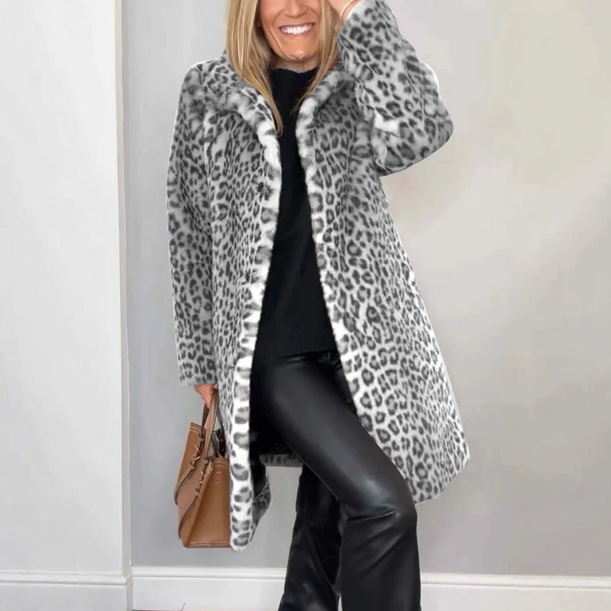 Fall Winter Leopard Print Mid-Length Coat for Cozy Style - Florence Luxe