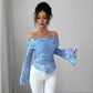New One-shoulder Trumpet Sleeve Asymmetric Hem Embroidery Versatile Stylish Top
