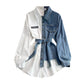 Denim Lapel Dress with Stitching, Waist Slimming Mid-Length Shirt - Florence Luxe