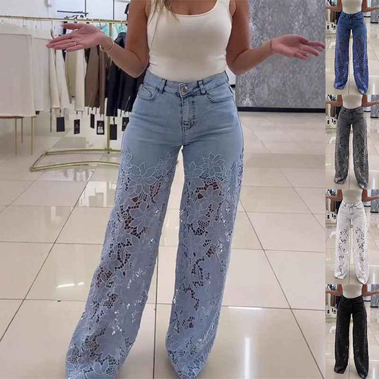 Y2K Lace Flowers Jeans High Waist Straight Wide Leg Pants for Women