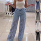 Y2K Lace Flowers Jeans High Waist Straight Wide Leg Pants for Women