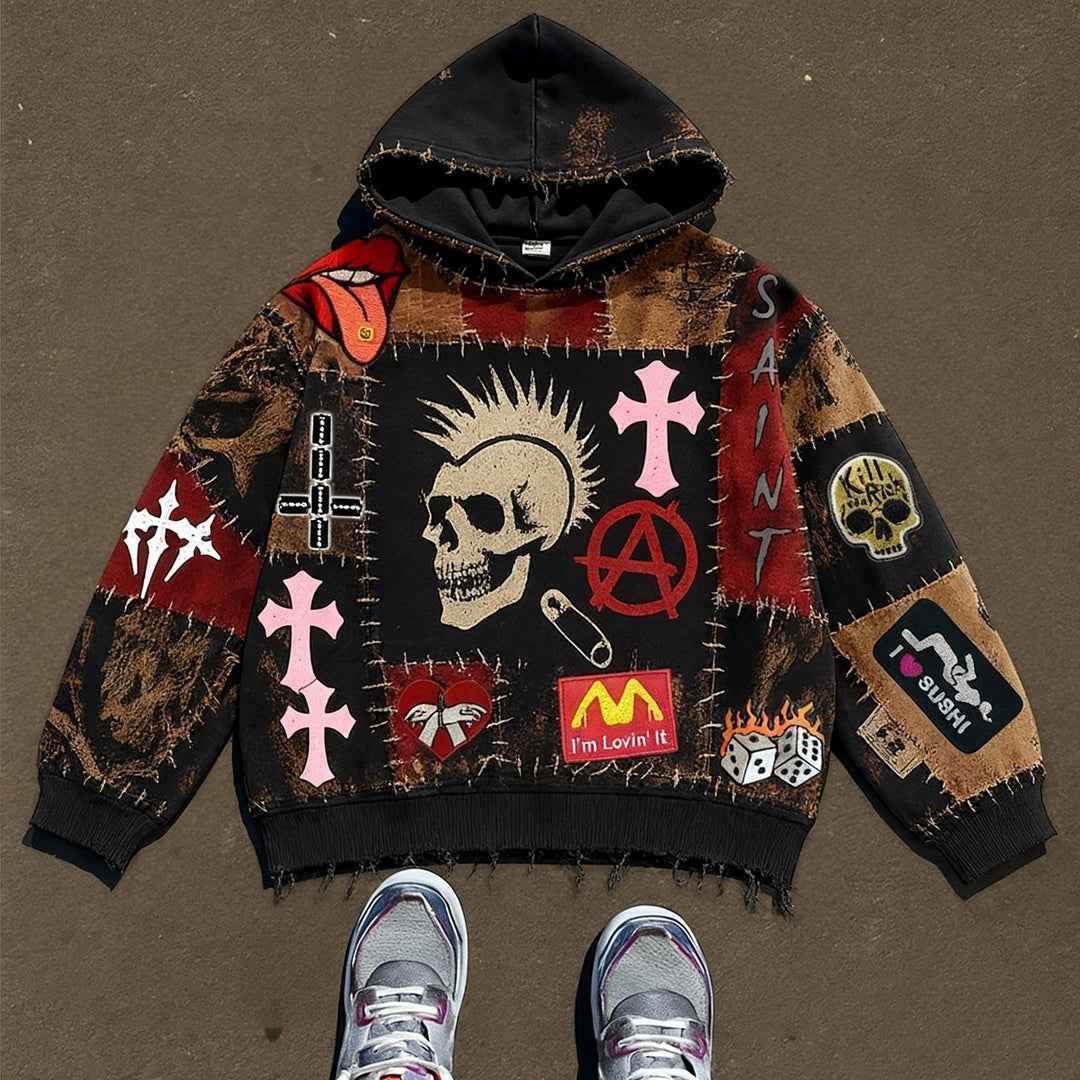 Vintage Print Loose-fitting Hoodie Sweater