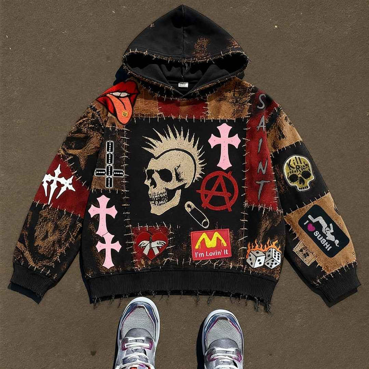 Vintage Print Loose-fitting Hoodie Sweater