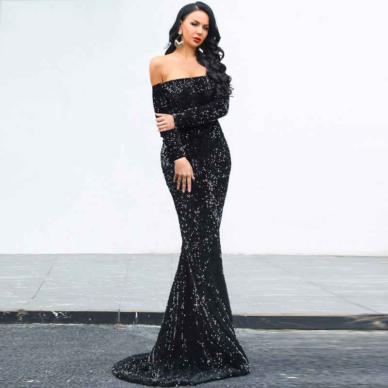 Strapless Long Sleeve Sequins Evening Dress for Parties - Perfect Strapless Sequins Evening Dress