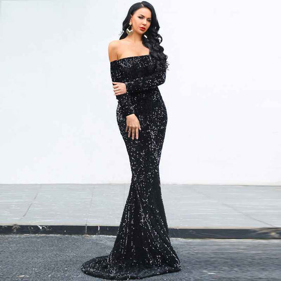 Strapless Long Sleeve Sequins Evening Dress for Parties - Perfect Strapless Sequins Evening Dress