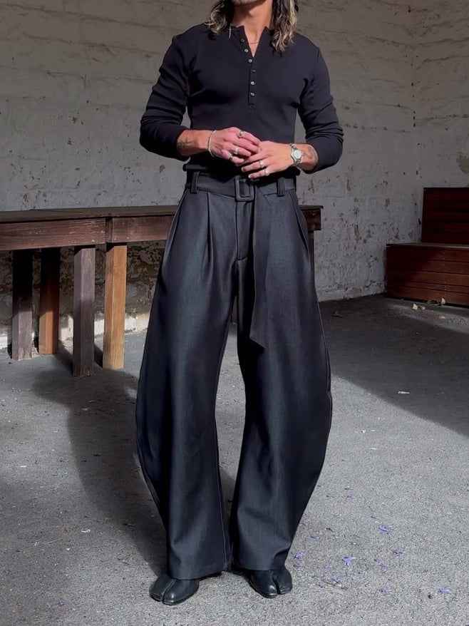 Chic Black Wide-Leg Pants with High-Waisted Belt - Oversized Style