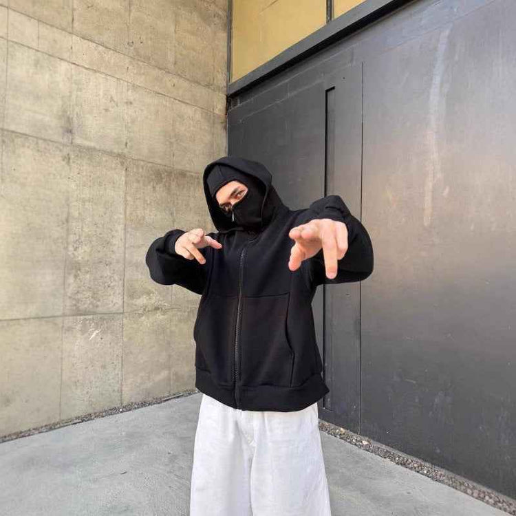 Double-layer Masked Hooded Loose Zip Men&