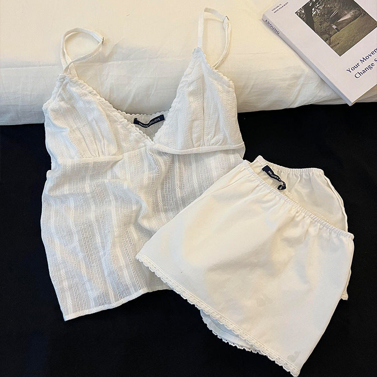 Home Simple Slim Fit White Suspender Pajamas For Women.