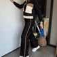 Color Matching Long Sleeve Top Elastic Waist All-matching Straight Trousers Ladies Two-piece Set