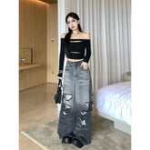 Gradient Ripped Wide Leg Jeans for Hot Girls in Vibrant Colors