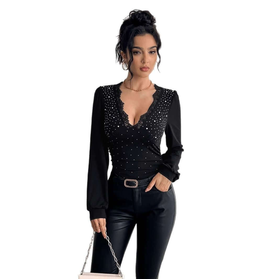 V-neck Lace Stitching Rhinestone Side Pleating T-shirt