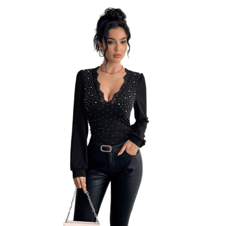 V-neck Lace Stitching Rhinestone Side Pleating T-shirt