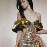 Gold Sequined Strapless Dress for Women - Tube Top Tulle Split Dress