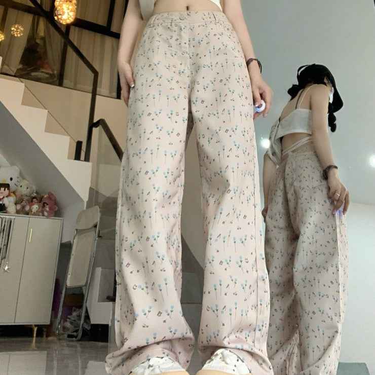 Fashion American Hong Kong Floral Jeans for Women - Stylish Wide Leg Design for Comfort and Versatility