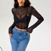 Stand-up Collar Long-sleeved Mesh Decorative T-shirt Top