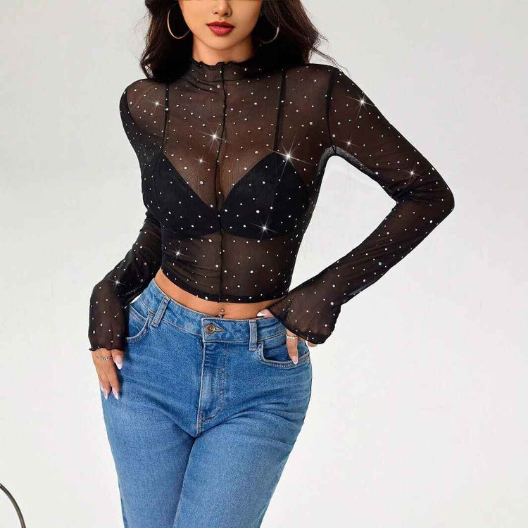 Stand-up Collar Long-sleeved Mesh Decorative T-shirt Top