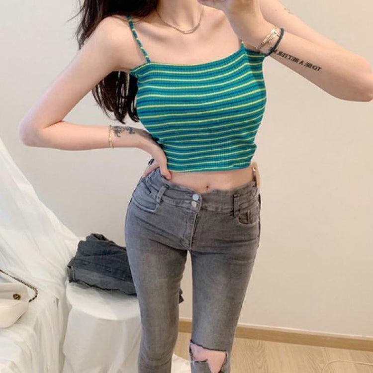 Korean Style Short Western Style Slim Fit Striped Bottoming Shirt in blue and green stripes, worn with jeans.