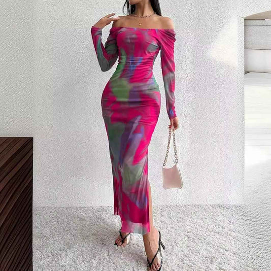 Printed Pleated Sexy Dress with Tight Fit and Split Square Collar