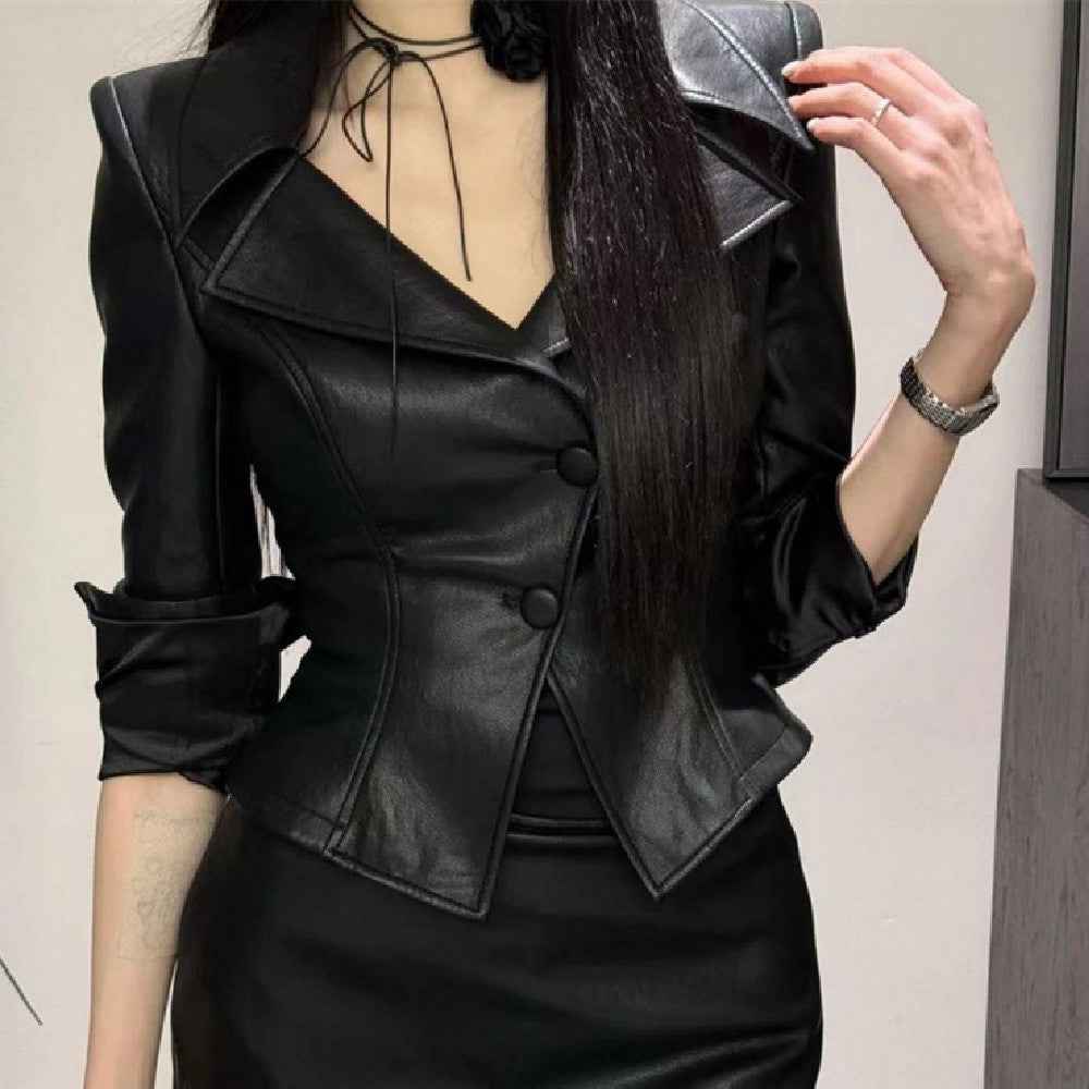 European American Style Coat - Solid Color Waist Tight Long Sleeve Jacket