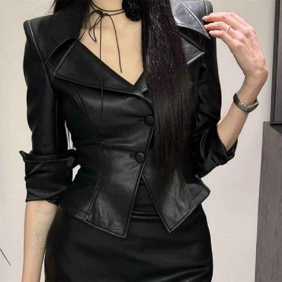 European American Style Coat - Solid Color Waist Tight Long Sleeve Jacket