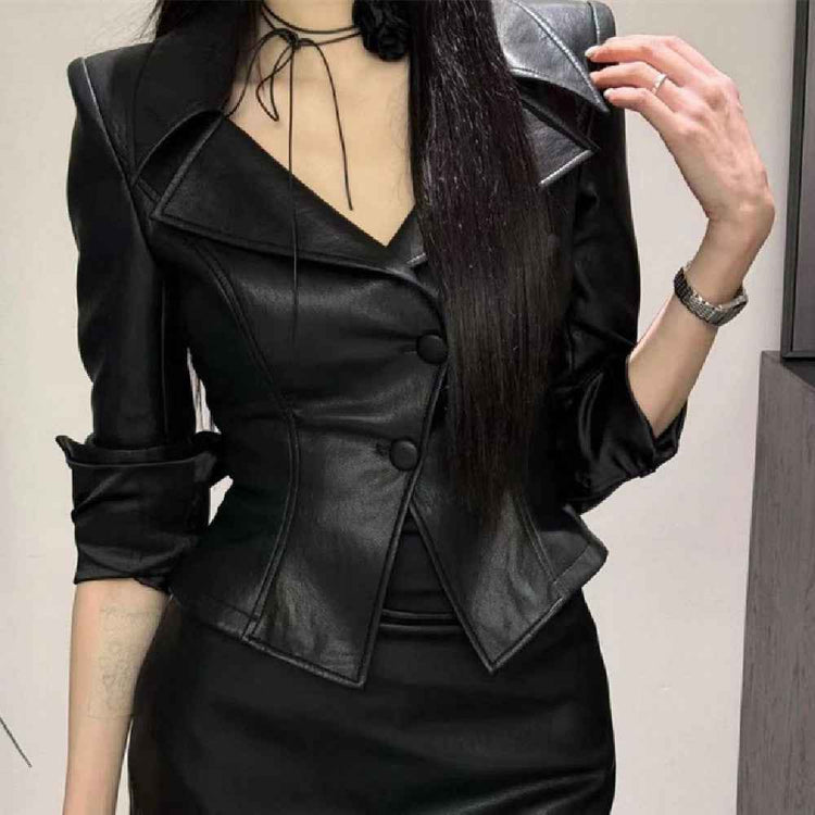 European American Style Coat - Solid Color Waist Tight Long Sleeve Jacket