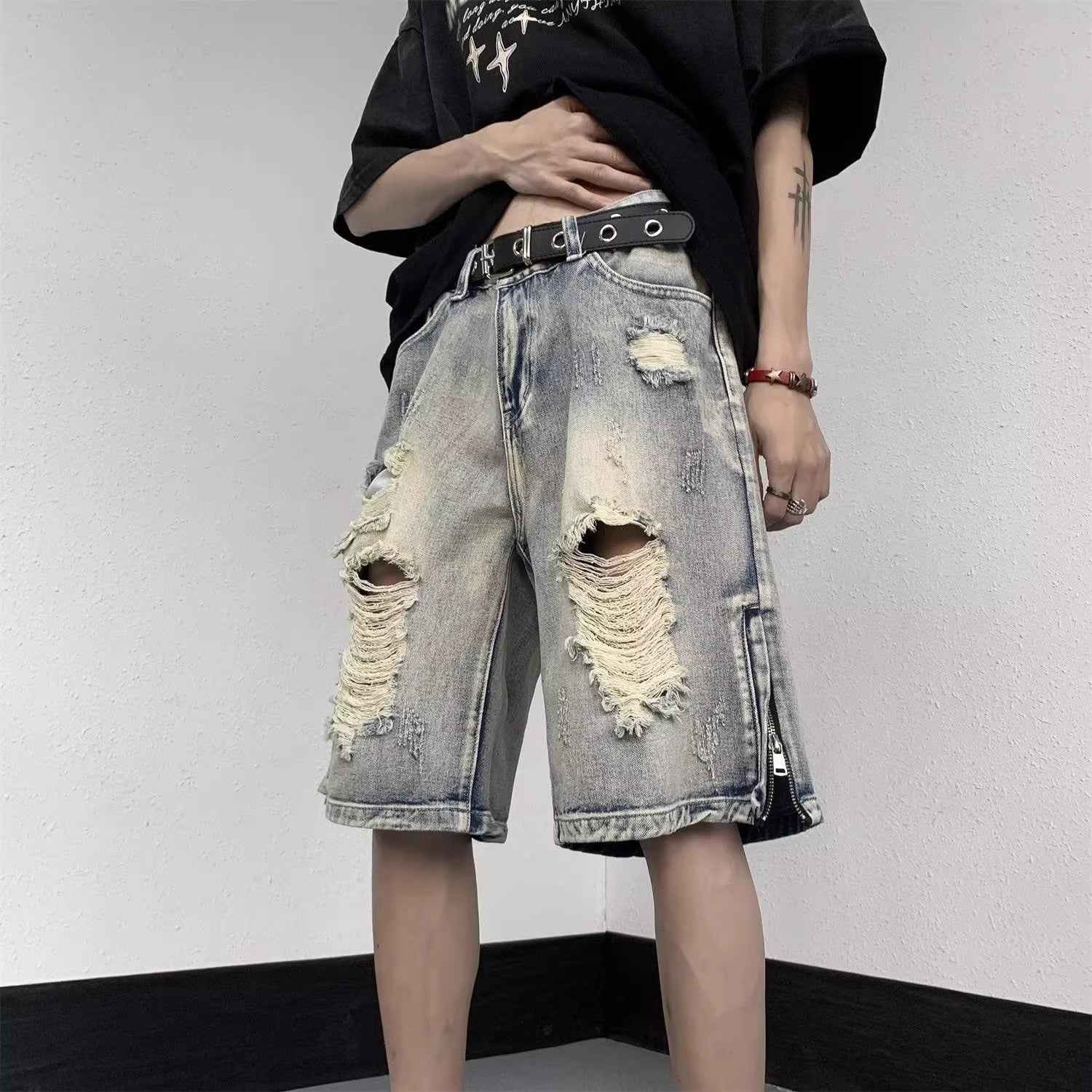 American Retro Denim Shorts Wide Leg Tattered Jeans