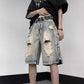 American Retro Denim Shorts Wide Leg Tattered Jeans