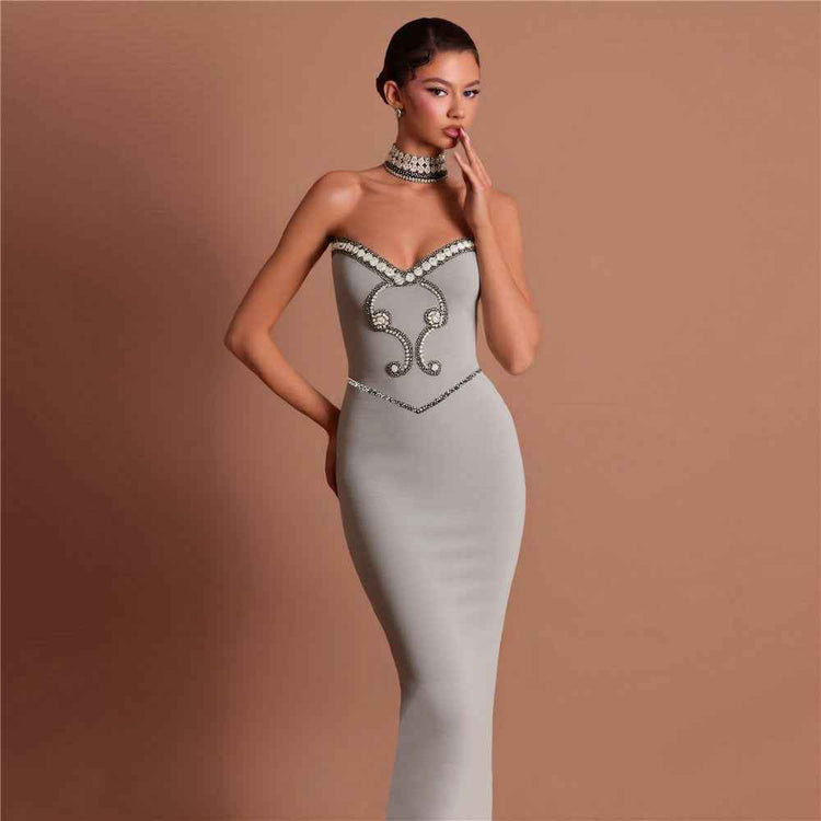 New Solid Color Rhinestone Tube Top Dress – Refined Bandage One-Piece Design