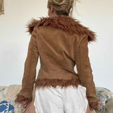 Vintage Fur Collar Coat with Flower Embroidery - Short Warm Design