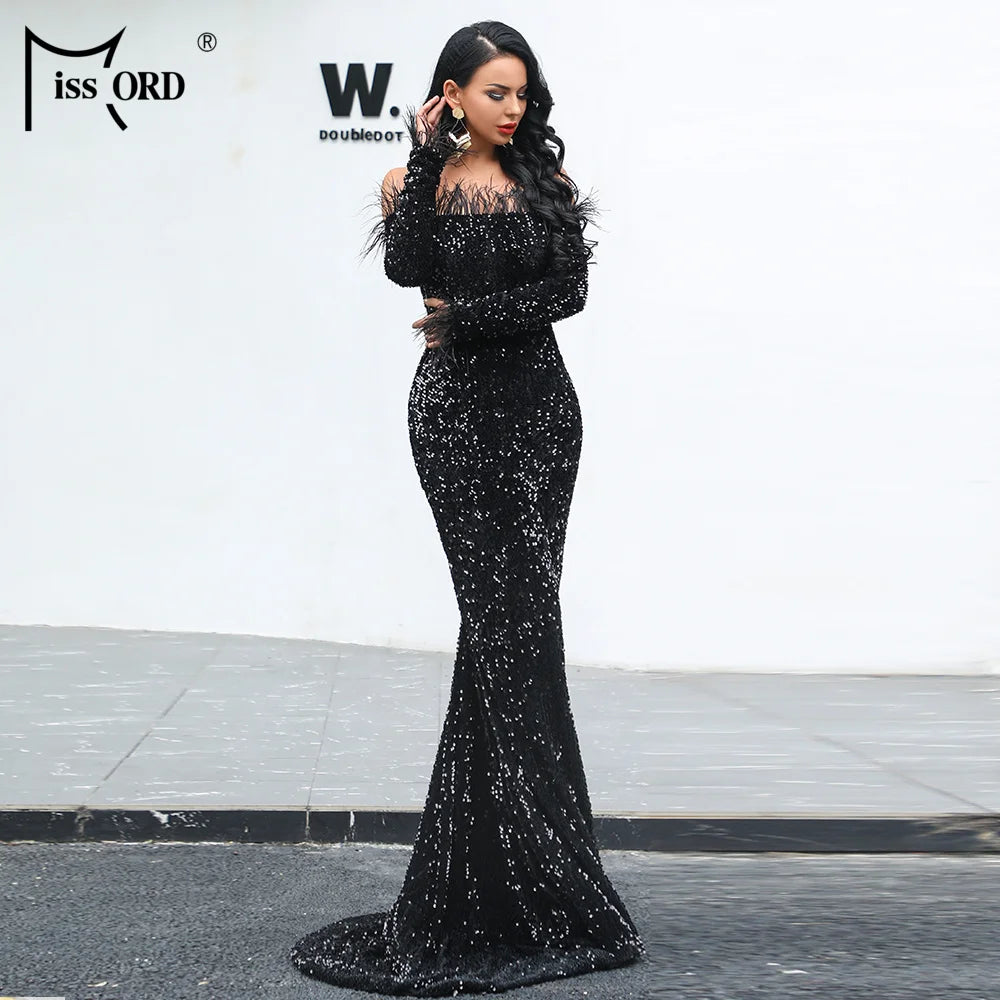 Women Off Shoulder Sequin Maxi Dress with Elegant Long Sleeve and Feather Details - Florence Luxe