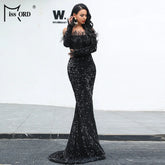 Women Off Shoulder Sequin Maxi Dress with Elegant Long Sleeve and Feather Details - Florence Luxe