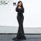 Women Off Shoulder Sequin Maxi Dress with Elegant Long Sleeve and Feather Details - Florence Luxe