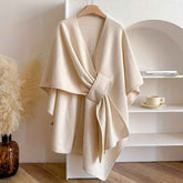 Fur Collar Knitted Cardigan Cape and Shawl with Fur Ball Detail