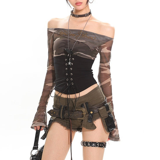 Street Hot Girl Lace Up Top with Long Sleeve Mesh and Waist Trimming - Florence Luxe