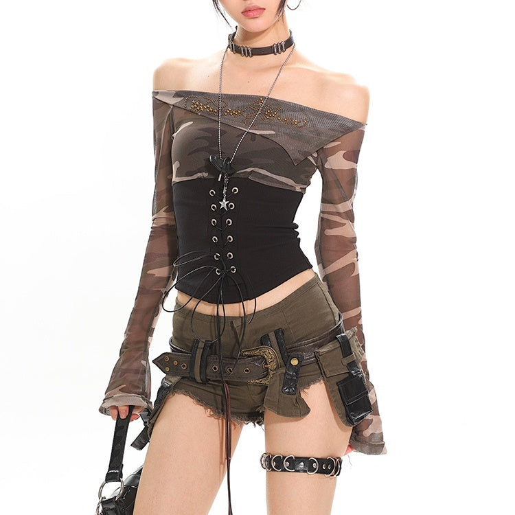 Street Hot Girl Lace Up Top with Long Sleeve Mesh and Waist Trimming - Florence Luxe